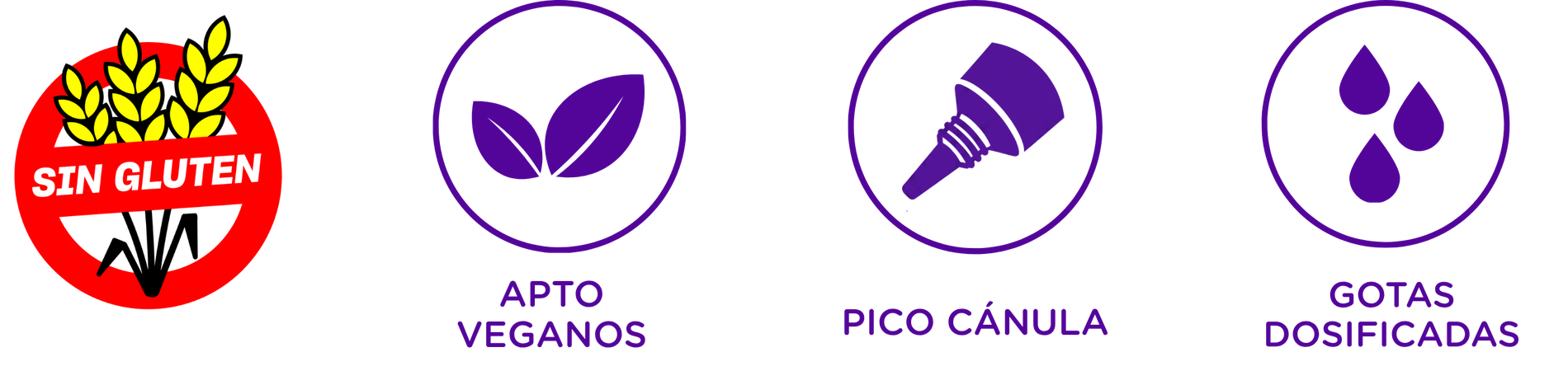 Sin gluten, apto veganos, pico cánula, gotas dosificadas