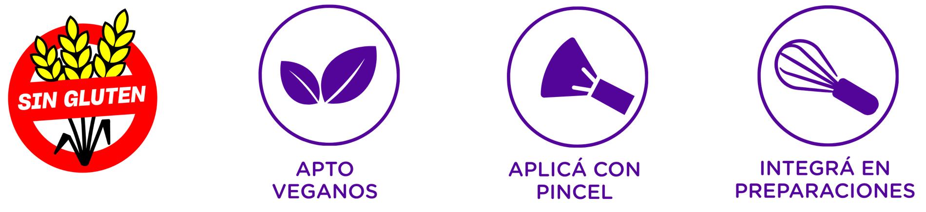 Sin gluten, apto veganos, aplicá con pincel, integrá en preparaciones