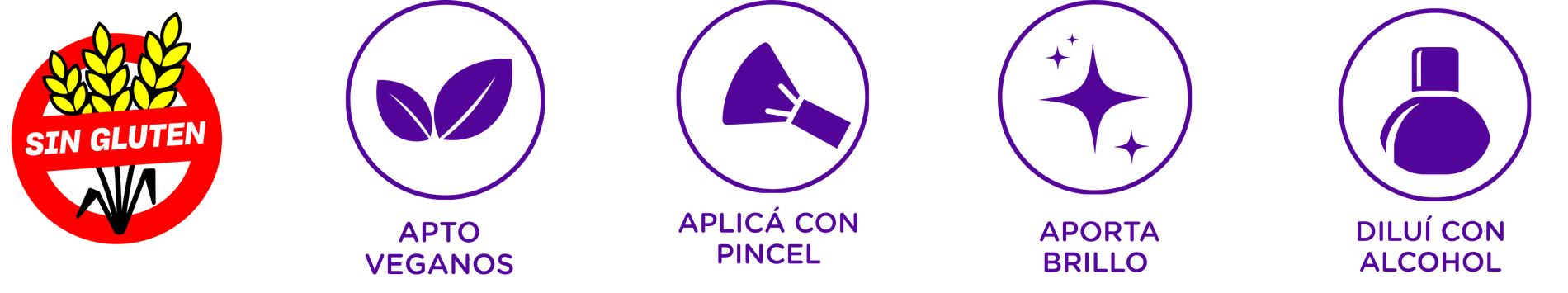 Sin gluten, apto veganos, aplicá con pincel, aporta brillo, diluí con alcohol