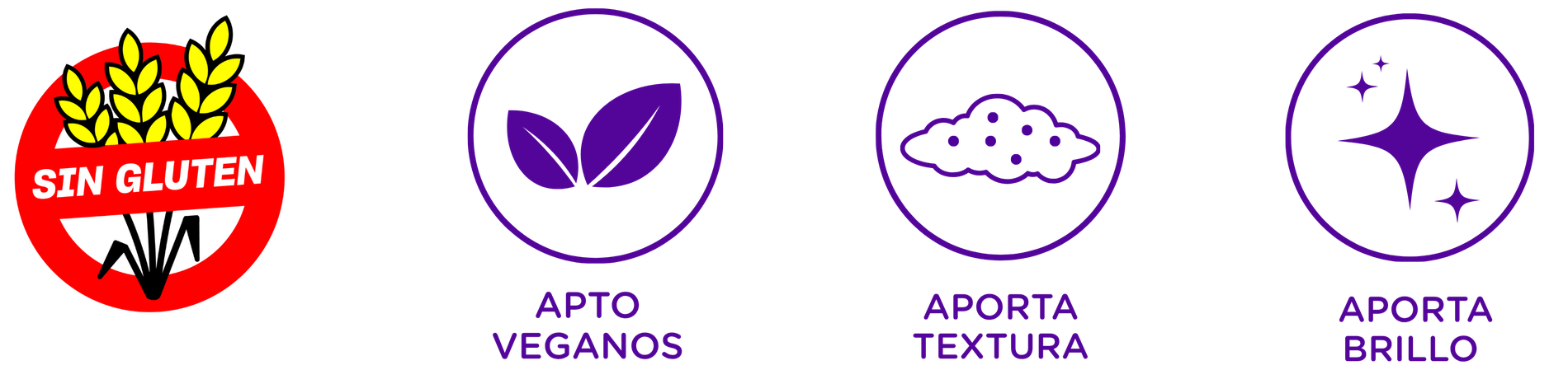 Sin gluten, apto veganos, aporta textura, aporta brillo