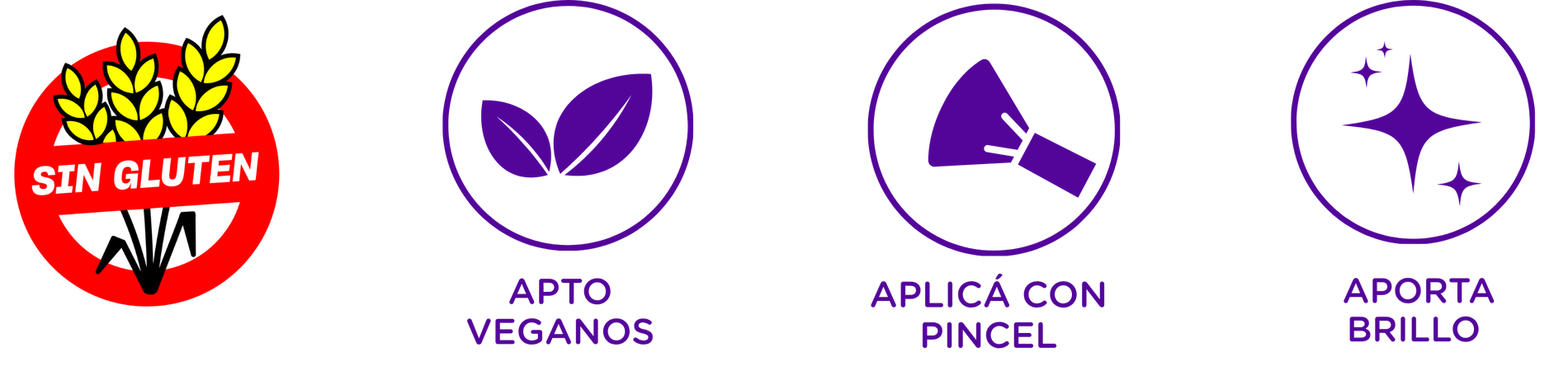 Sin gluten, apto veganos, aplicá con pincel, aporta brillo